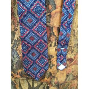 Vintage Liberty Of London Red Blue Patterned Geometric Silk Tie